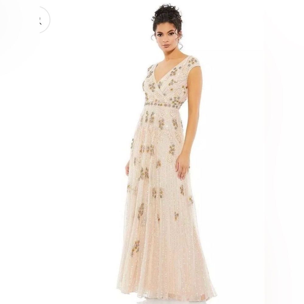 Mac Duggal Gold and Pink Embellished Gown with V-Neck